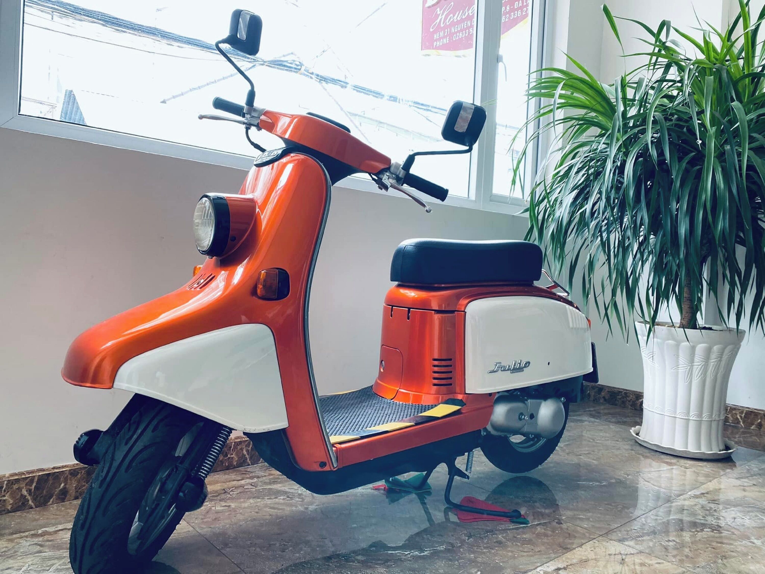A red and white scooter parked indoors with a potted plant beside it.