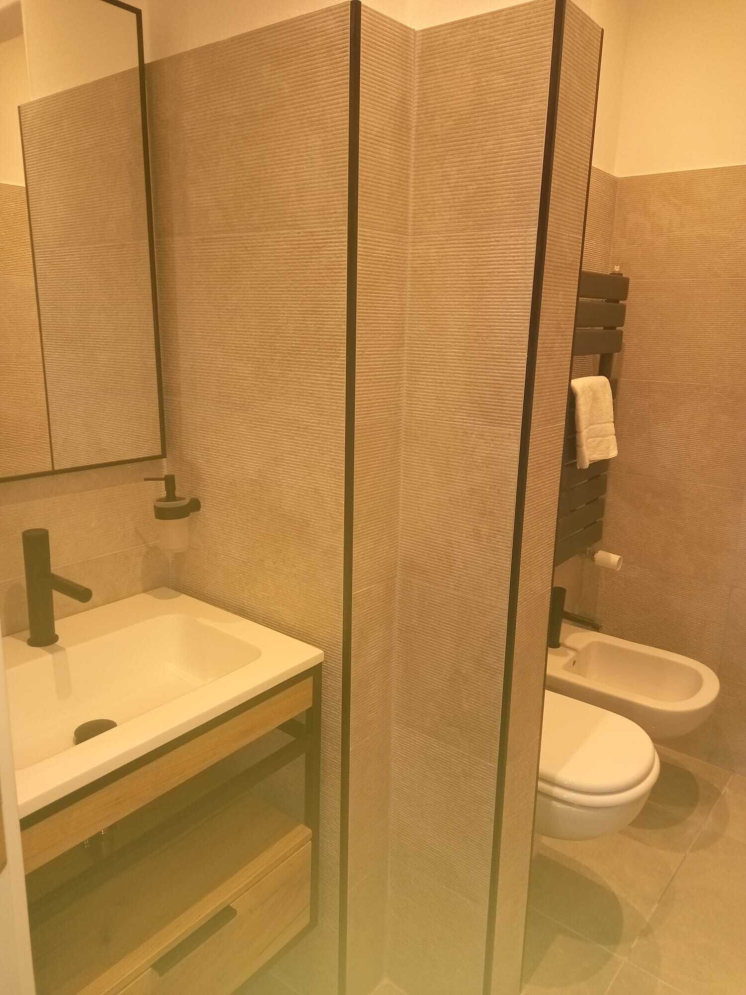 A bathroom with a sink, mirror, toilet, and shower enclosure.