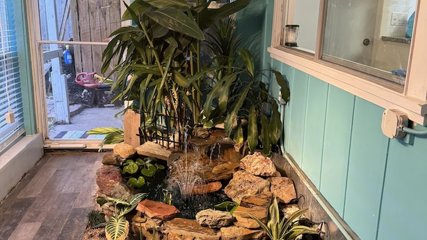 A wooden floor leading to a small waterfall feature surrounded by rocks and plants. - Spacious 3BR Brick Home, Sleeps 7❤️Free Parking❤️No Pet Fee❤️No Extra Guest Fee🏖️ (Texas City)