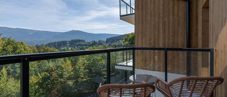 A balcony with wicker chairs, a glass table, and a view of a forested valley.