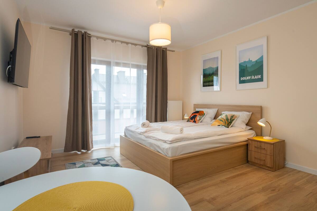 A modern hotel room with a wooden bed, a bedside table with a lamp, a flat-screen TV mounted on the wall, and two framed pictures on the wall.