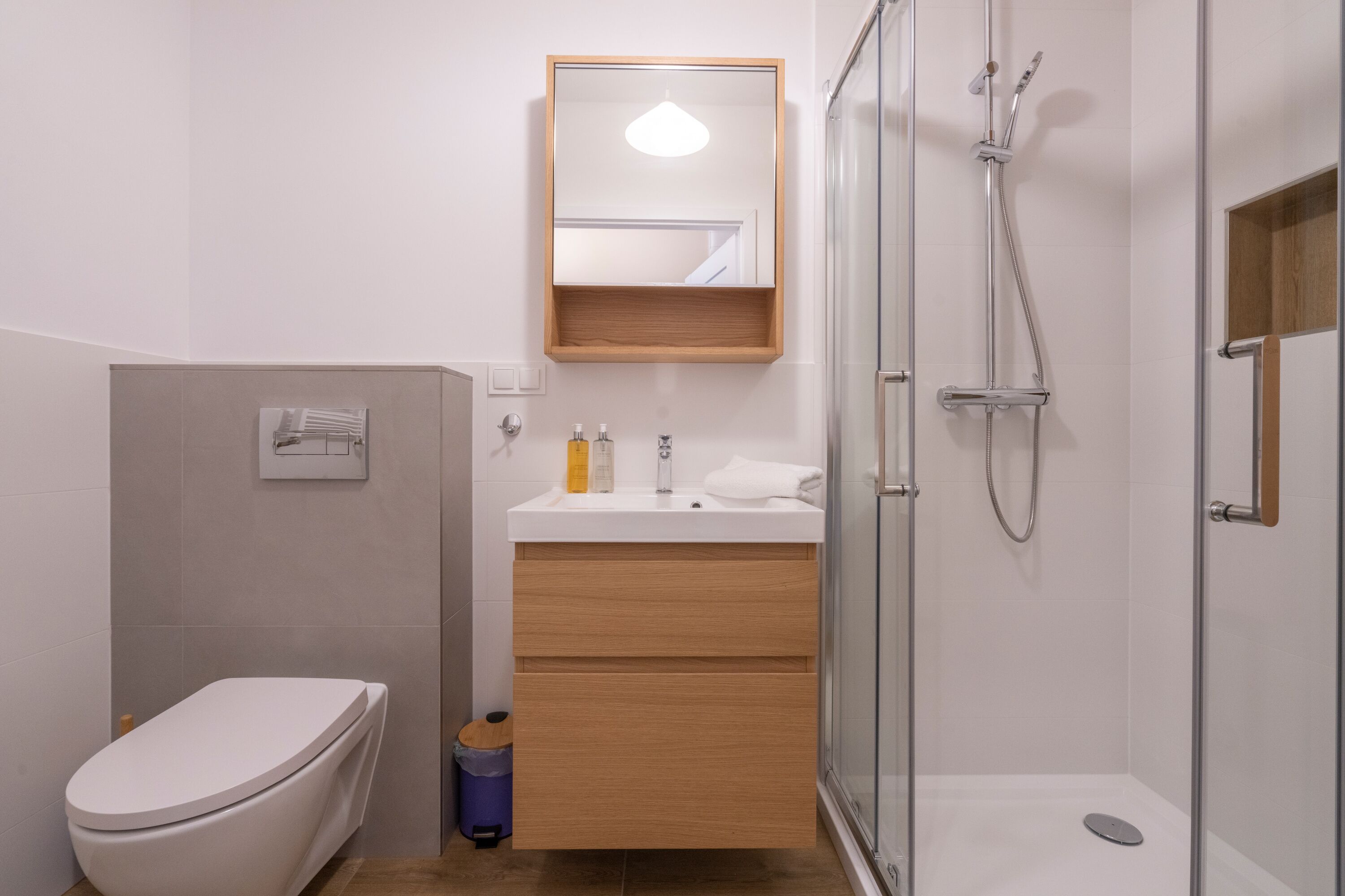 A modern bathroom with a toilet, sink, mirror, and shower.