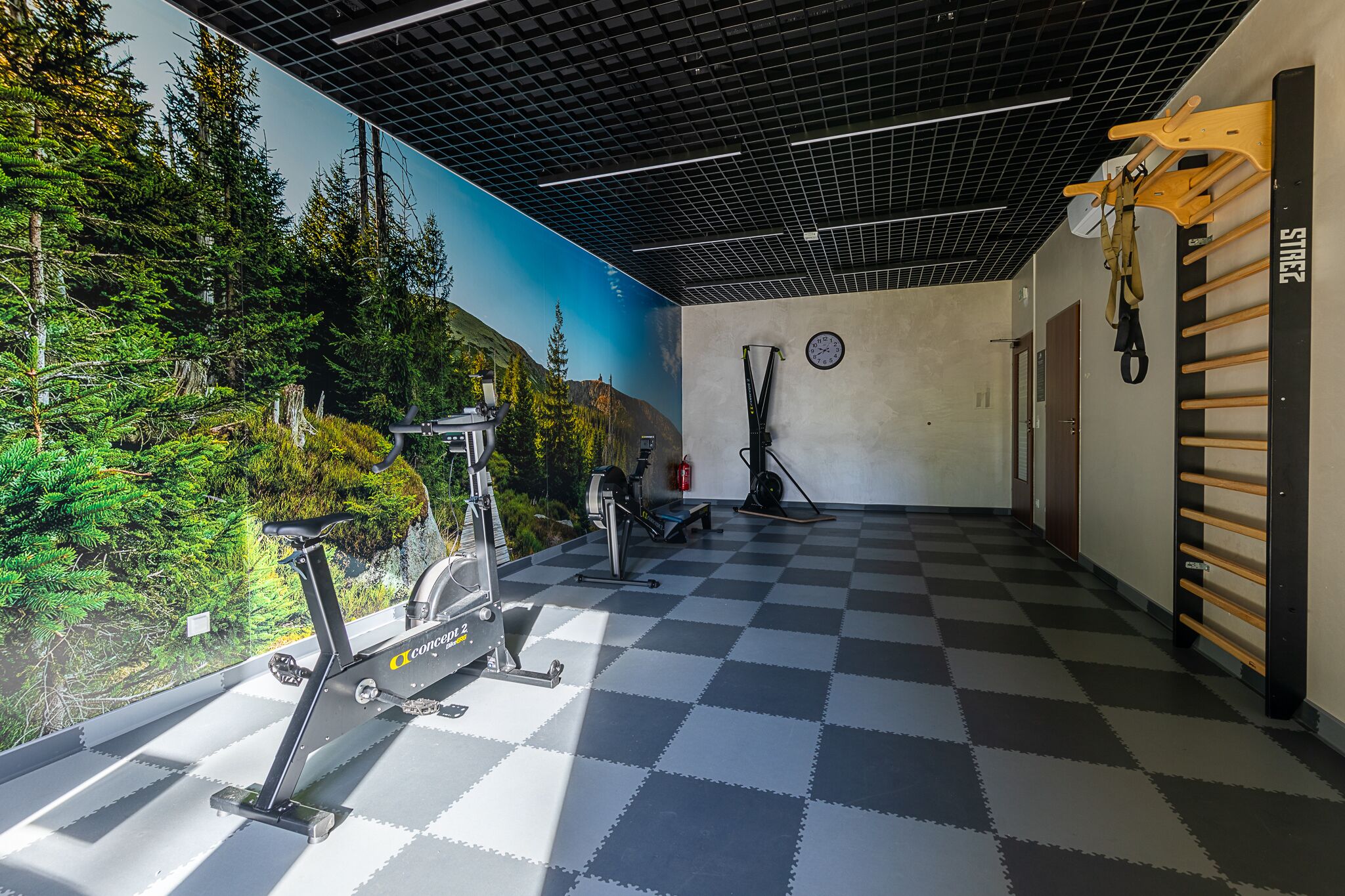 A gym with a checkered floor, exercise equipment, a wall mural, and a wall-mounted rack.
