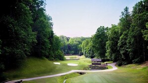 A golf course with a pond, a bridge, and a pavilion. - Quail cove 1616 at Rumbling Bald (Lake Lure)