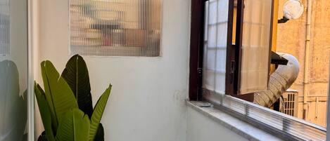 Habitación de esquina con planta en maceta, ventana con persianas y vista a un edificio.