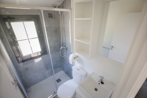 Un baño con ducha, inodoro, lavamanos y espejo.
