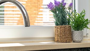 A kitchen counter with a sink, a woven basket, and two potted plants. - Casa Serenidade - Vale de Ribeira (Arão (Mexilhoeira Grande))