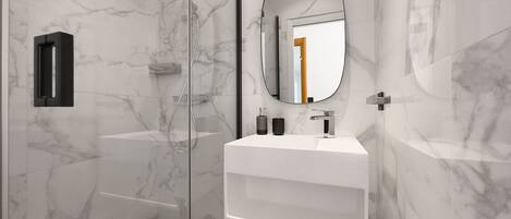 Shower, hair dryer, towels, shampoo