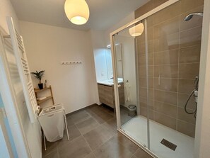 Hair dryer, towels, toilet paper