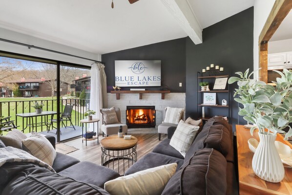 Smart TV, fireplace, books, stereo