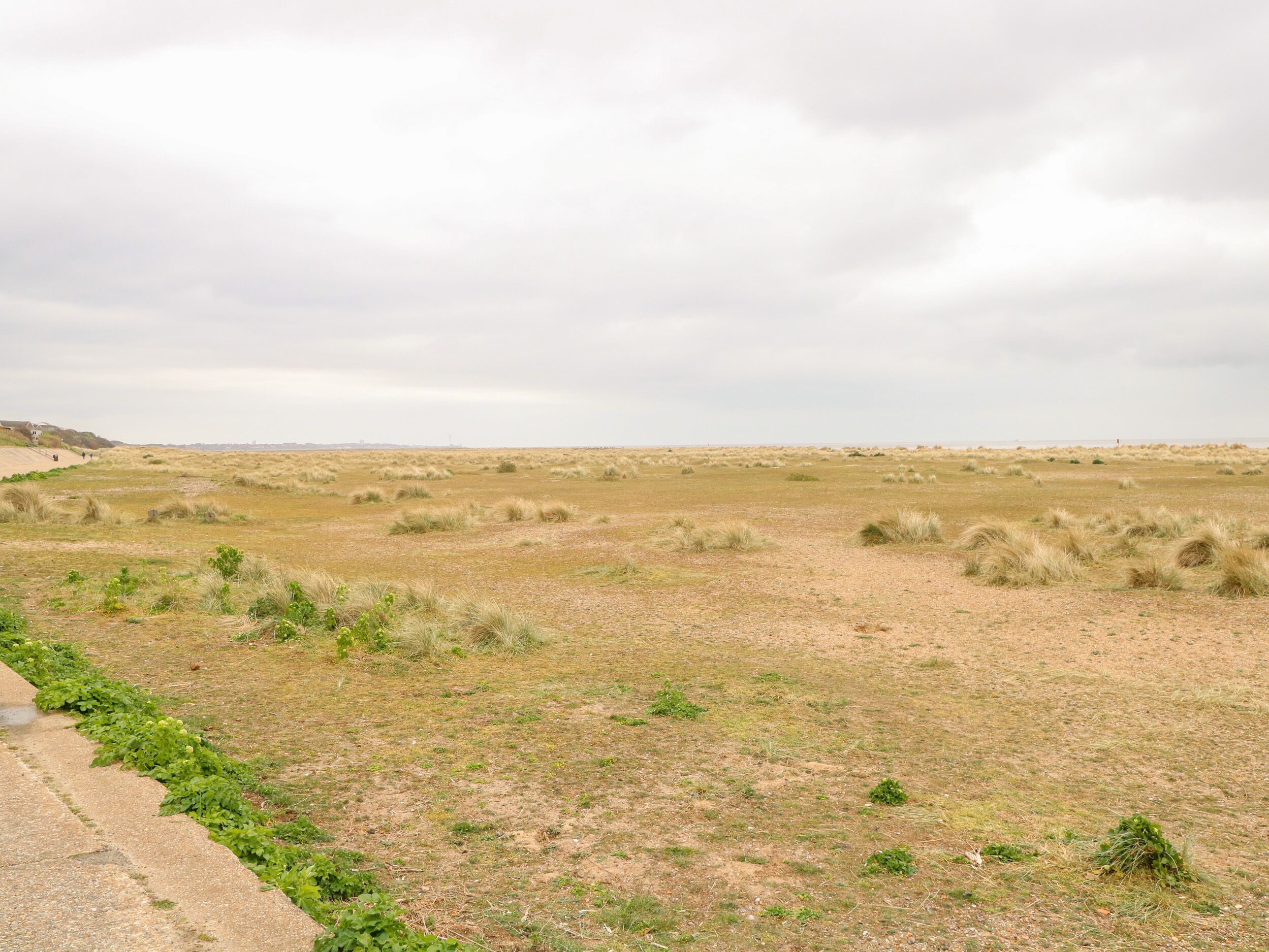 A coastal landscape with a sandy beach, grassy dunes, and a paved path along the water's edge.