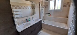 Hair dryer, towels, soap, shampoo