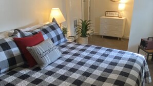 A bed with a checkered bedspread, a red pillow, and a pillow with the word "homebody" on it. There is a lamp on the bedside table and a plant next to the door.