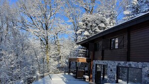 A wooden cabin with a stone fireplace, a covered outdoor seating area, and a snow-covered landscape. - Chalet in the Woods With Nordic Bath (Manhay)
