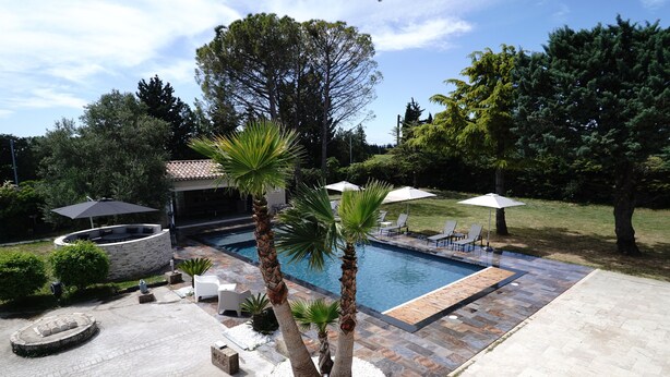 A backyard with a swimming pool, palm trees, and outdoor furniture. - La Villa de Jade (Orange)