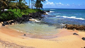 Una playa con aguas cristalinas, rocas y palmeras.