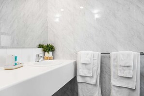 Shower, hair dryer, towels, shampoo