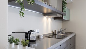 Een moderne keuken met een roestvrijstalen aanrecht, een ingebouwde oven en een afzuigkap. Op het aanrecht staan potplanten en er staat een koffiezetapparaat.