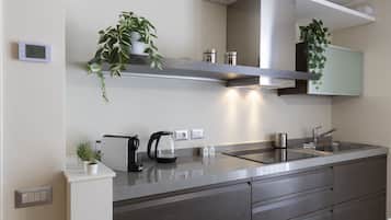 Comfort Apartment | Private kitchen | Full-sized fridge, oven, stovetop, espresso maker
