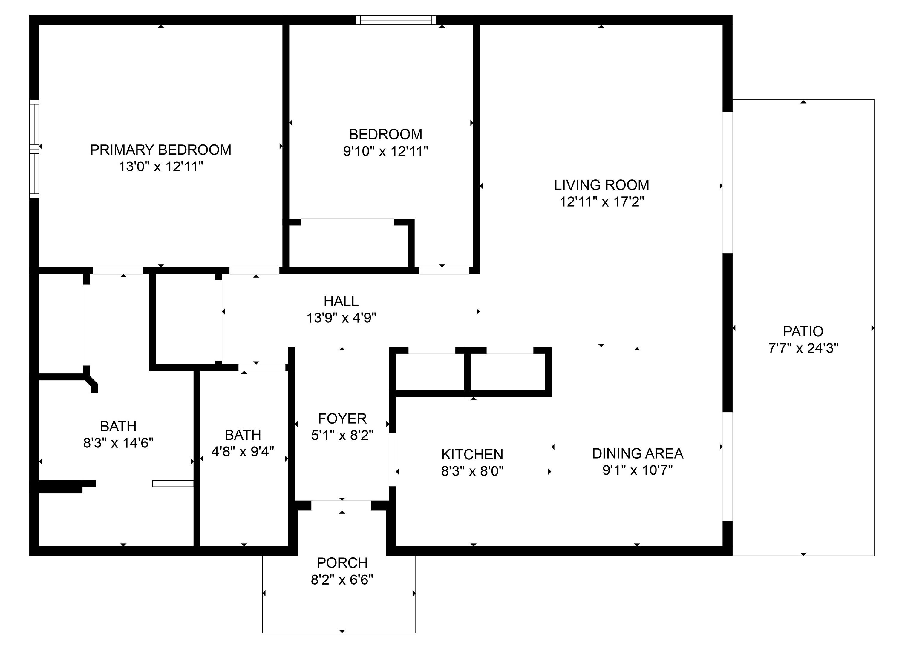 Grundriss mit Hauptschlafzimmer, Gästezimmer, Wohnzimmer, Flur, Terrasse, Küche, Essbereich, zwei Bädern, Eingangsbereich und Veranda.