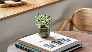 A round wooden table with a book titled "BRIDGET RILEY DRAWINGS" and a small potted plant on it.