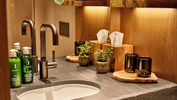 A bathroom with a modern sink, two faucets, a mirror, a wooden vanity, a potted plant, and toiletries.