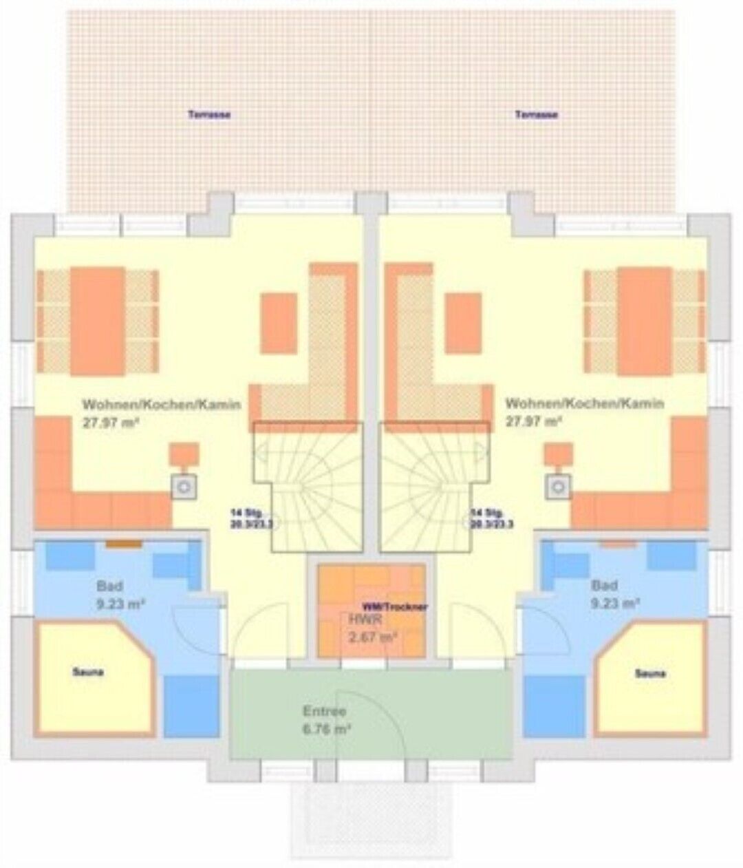 A floor plan of a hotel with two bedrooms, two bathrooms, a living room, a kitchen, a dining area, and a sauna.