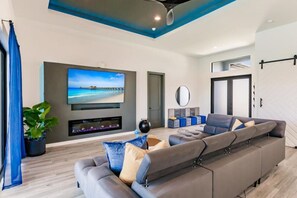 Smart TV, fireplace, video games, ping pong