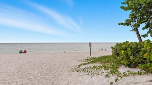 A sandy beach with a clear sky, a signpost, and some greenery.