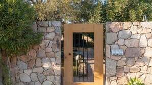 Un mur de pierre avec une porte en bois, un portail en métal et une caméra de surveillance.