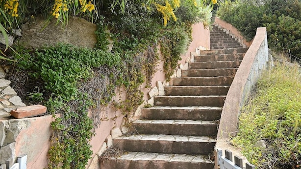 A stone staircase with a metal railing, surrounded by greenery and yellow flowers. - Welcomely - Villa Alba (Muravera)