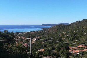 A coastal town with houses on a hillside, overlooking the sea.