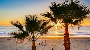 Une scène de plage avec des palmiers et l’océan au coucher du soleil.