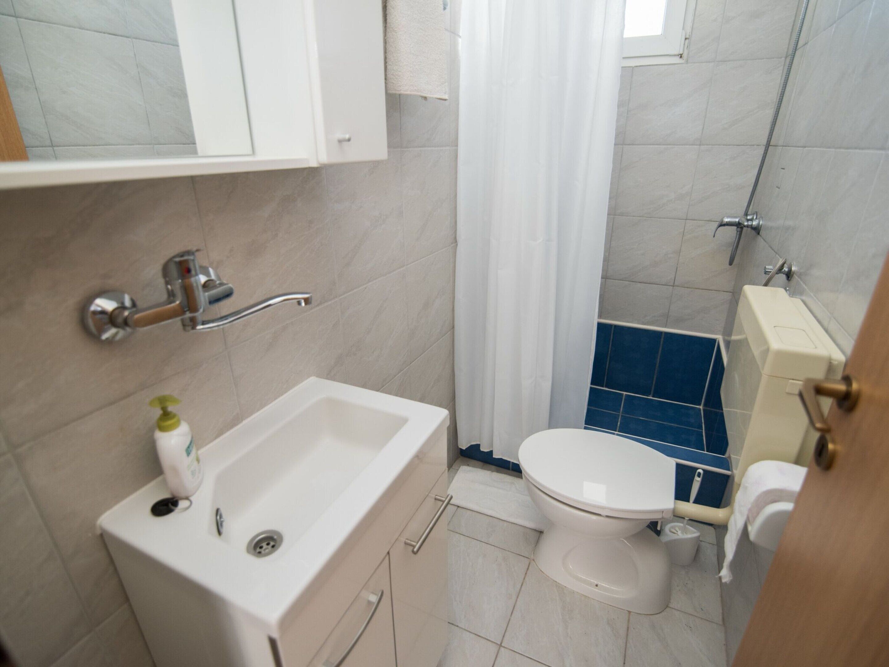 Une salle de bain avec un lavabo blanc, des toilettes et un espace douche.
