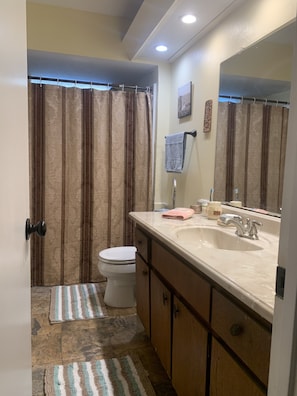 Hair dryer, towels, soap, toilet paper