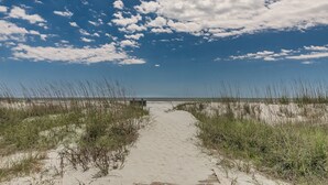 A sandy beach path leading to the ocean, surrounded by tall grasses.