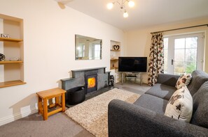 A living room with a fireplace, a television, a sofa, and a window with curtains. - Rosegate Cottage, Elterwater (Chapel Stile)