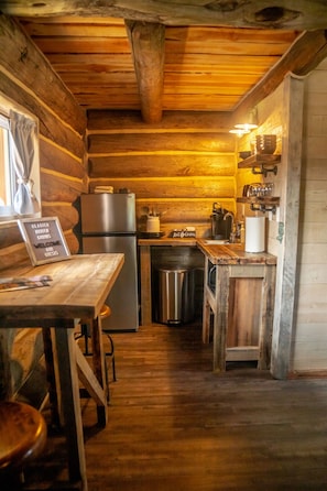 Fridge, microwave, coffee/tea maker, toaster