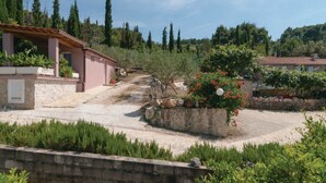 A rural property with a stone pathway leading to a pink building, surrounded by greenery and trees. - Holiday Home Blossom - Four Bedroom Holiday Home With Outdoor Pool and Jacuzzi - (Supetar)