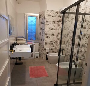 Shower, eco-friendly toiletries, hair dryer, bidet