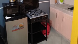 A compact kitchenette with a gas stove, a microwave, a small refrigerator, and a blender on the countertop.