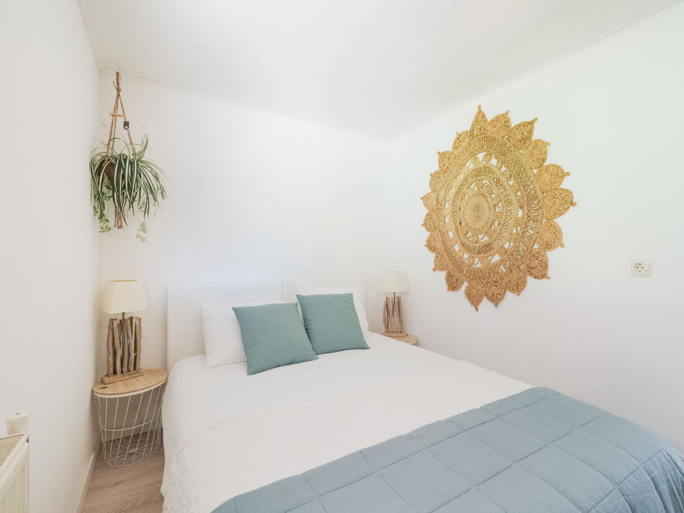 A bedroom with a bed, two pillows, a hanging plant, a wall hanging, and a bedside table with a lamp.