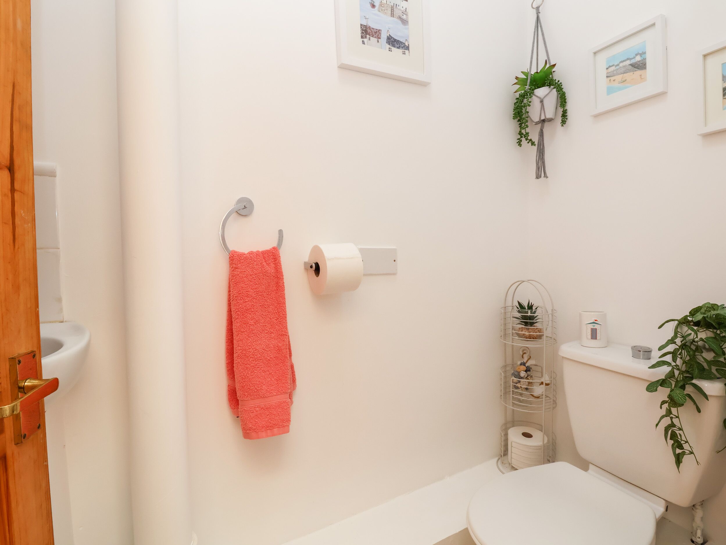 Un baño con inodoro, un rollo de papel higiénico, una toalla rosa colgada en un perchero y un pequeño estante con una planta y un rollo de papel higiénico.