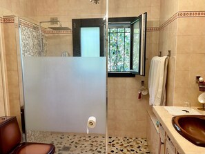 Douche, baignoire à jets, sèche-cheveux, bidet