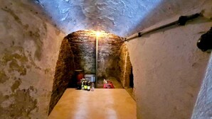 A narrow, dimly lit stone-walled corridor with a wooden floor, leading to a small room with a table and bottles. - Ferienhaus in Barenstein bei Grunen Hugeln (Baerenstein)