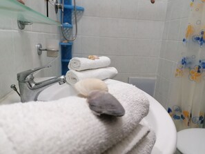 Chuveiro, secador de cabelo, bidê, toalhas de banho
