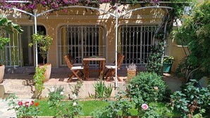 Une terrasse avec une table et des chaises, entourée de plantes et de fleurs en pot.