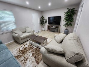 TV connectée, cheminée, livres