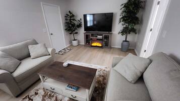 Smart TV, caminetto, libri