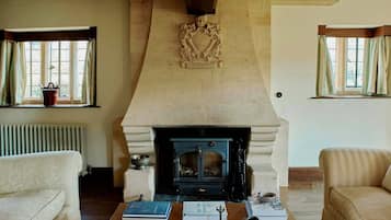 Smart-TV, Kamin, Videospiele, Bücher